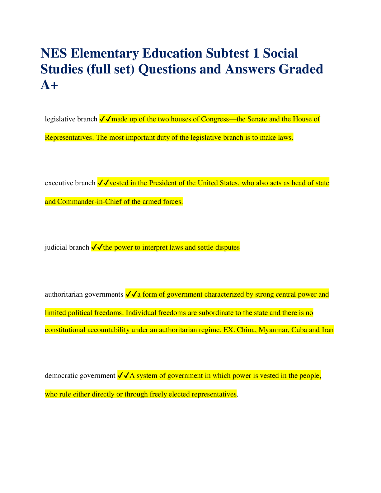 Preview image for NES Elementary Education Subtest 1 Social  Studies (full set) Questions and Answers Graded  A+