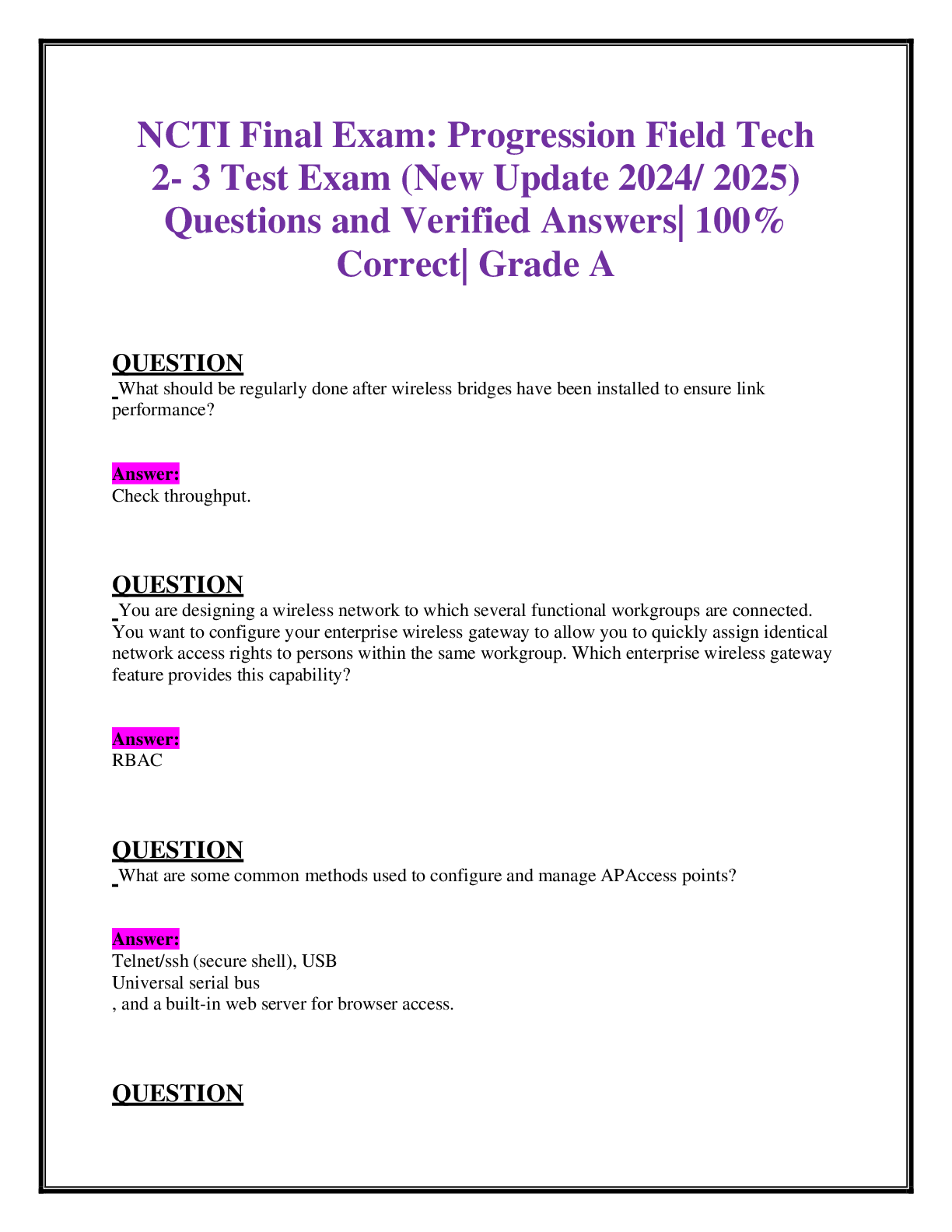 Preview image for NCTI Final Exam: Progression Field Tech  2- 3 Test Exam (New Update 2024/ 2025)  Questions and Verified Answers| 100%  Correct| Grade A