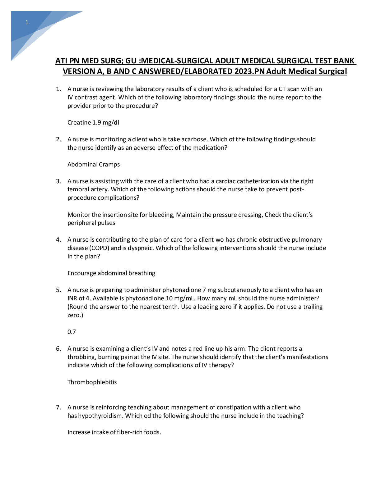 Preview image for ATI PN MED SURG; GU :MEDICAL-SURGICAL ADULT MEDICAL SURGICAL TEST BANK  VERSION A, B AND C ANSWERED/ELABORATED 2023.PN Adult Medical Surgical