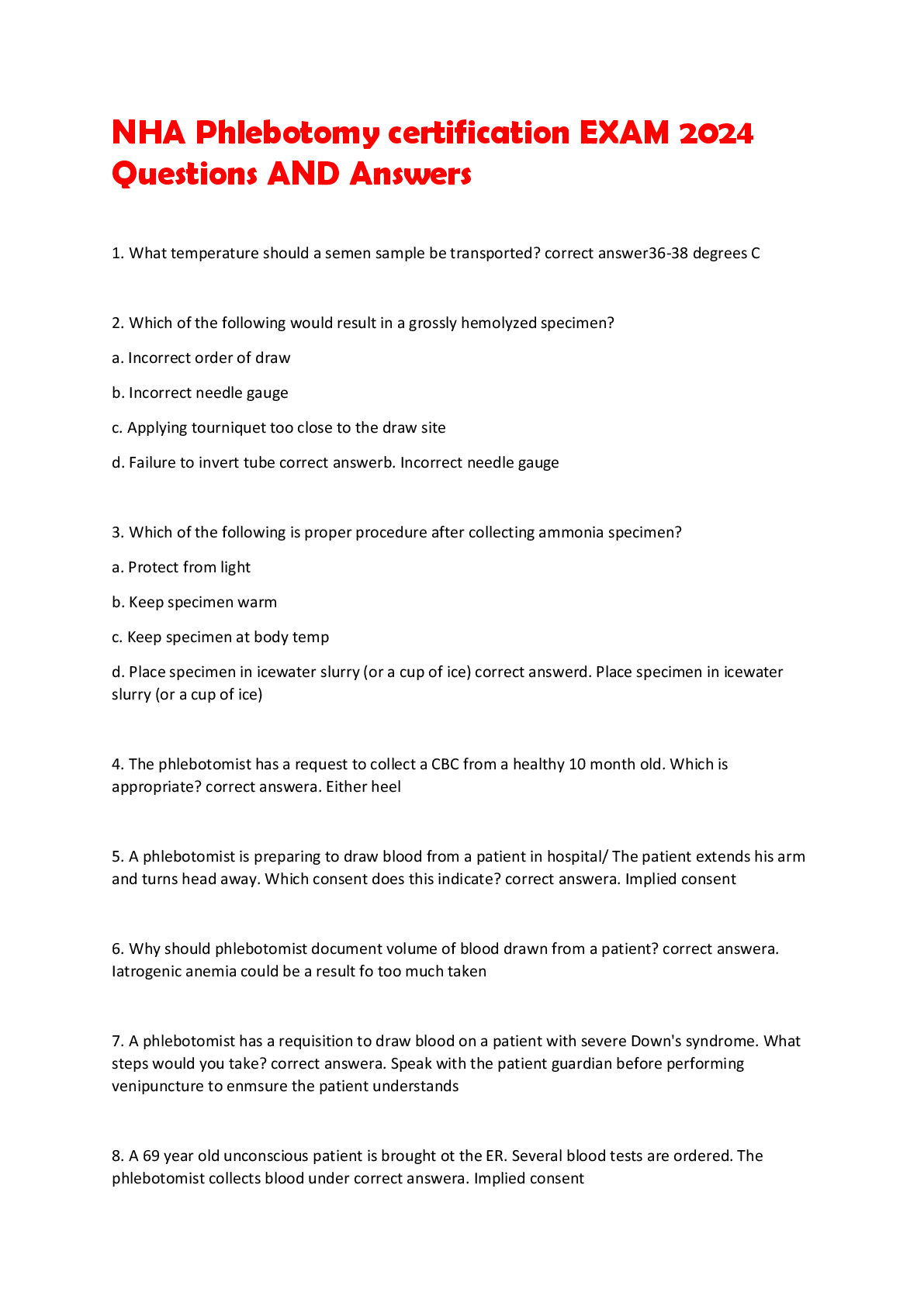 Preview image for NHA Phlebotomy certification EXAM 2024  Questions AND Answers