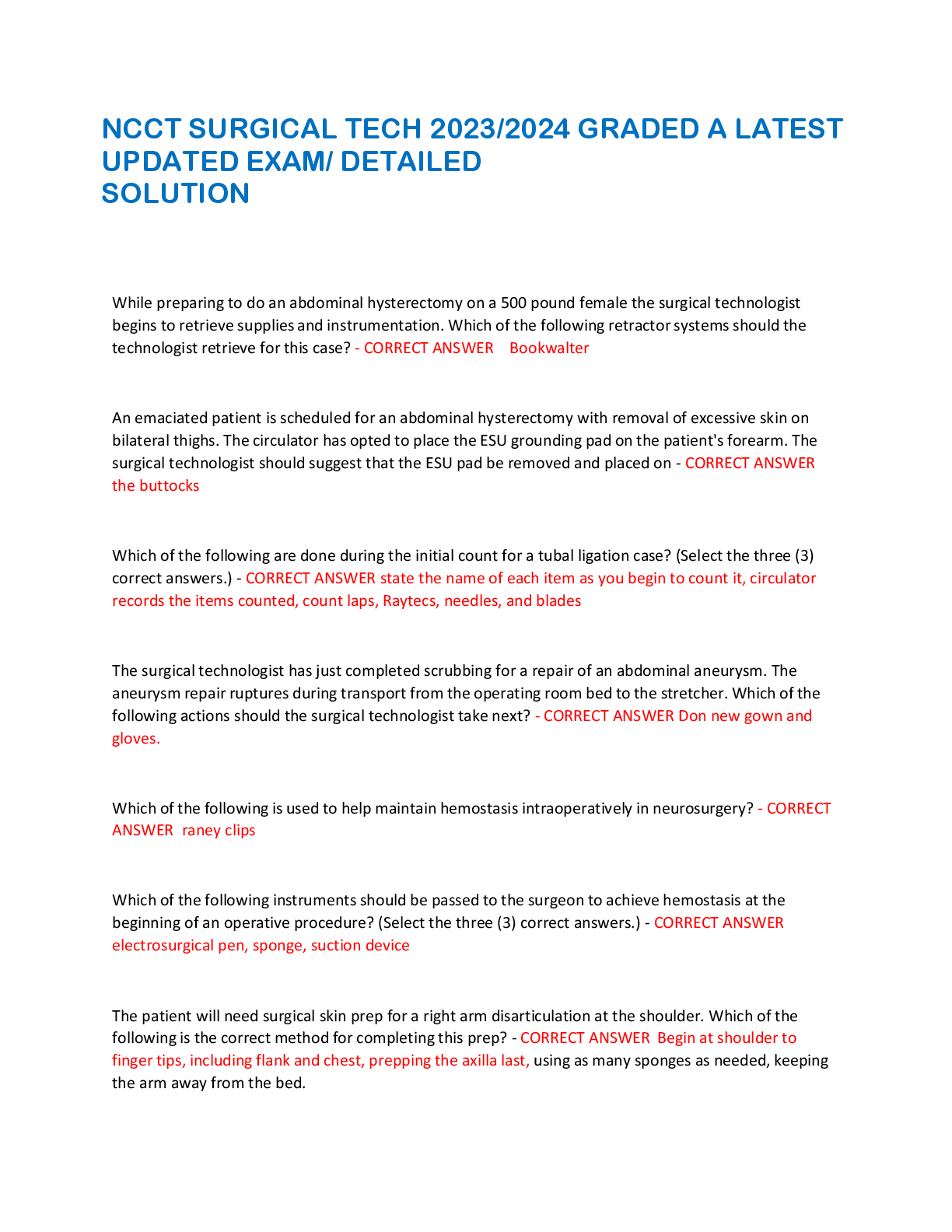 Preview image for NCCT SURGICAL TECH 2023/2024 GRADED A LATEST  UPDATED EXAM/ DETAILED  SOLUTION
