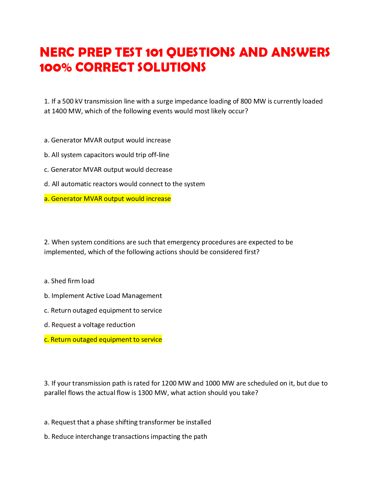 Preview image for NERC PREP TEST 101 QUESTIONS AND ANSWERS  100% CORRECT SOLUTIONS