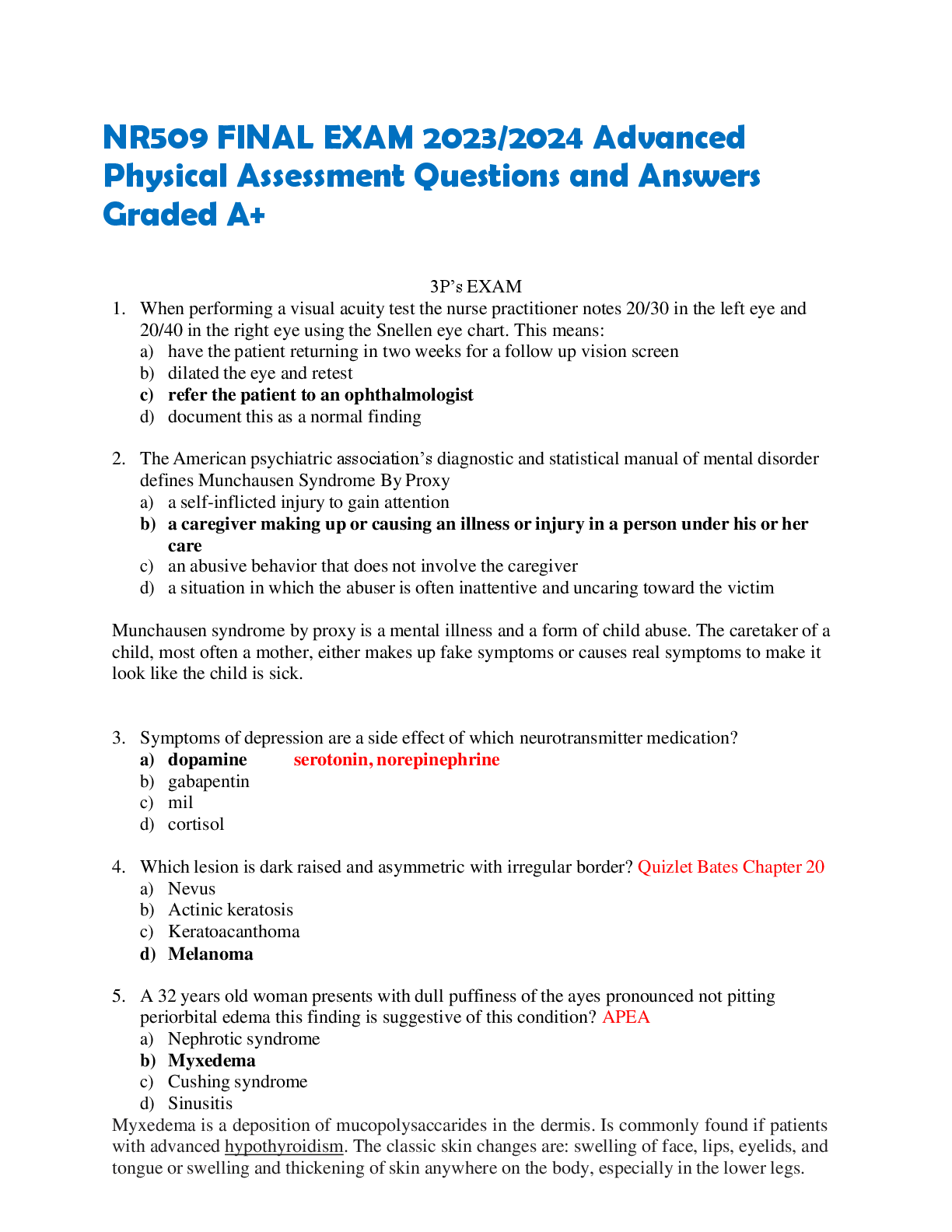 Preview image for NR509 FINAL EXAM 2023/2024 Advanced  Physical Assessment Questions and Answers  Graded A+