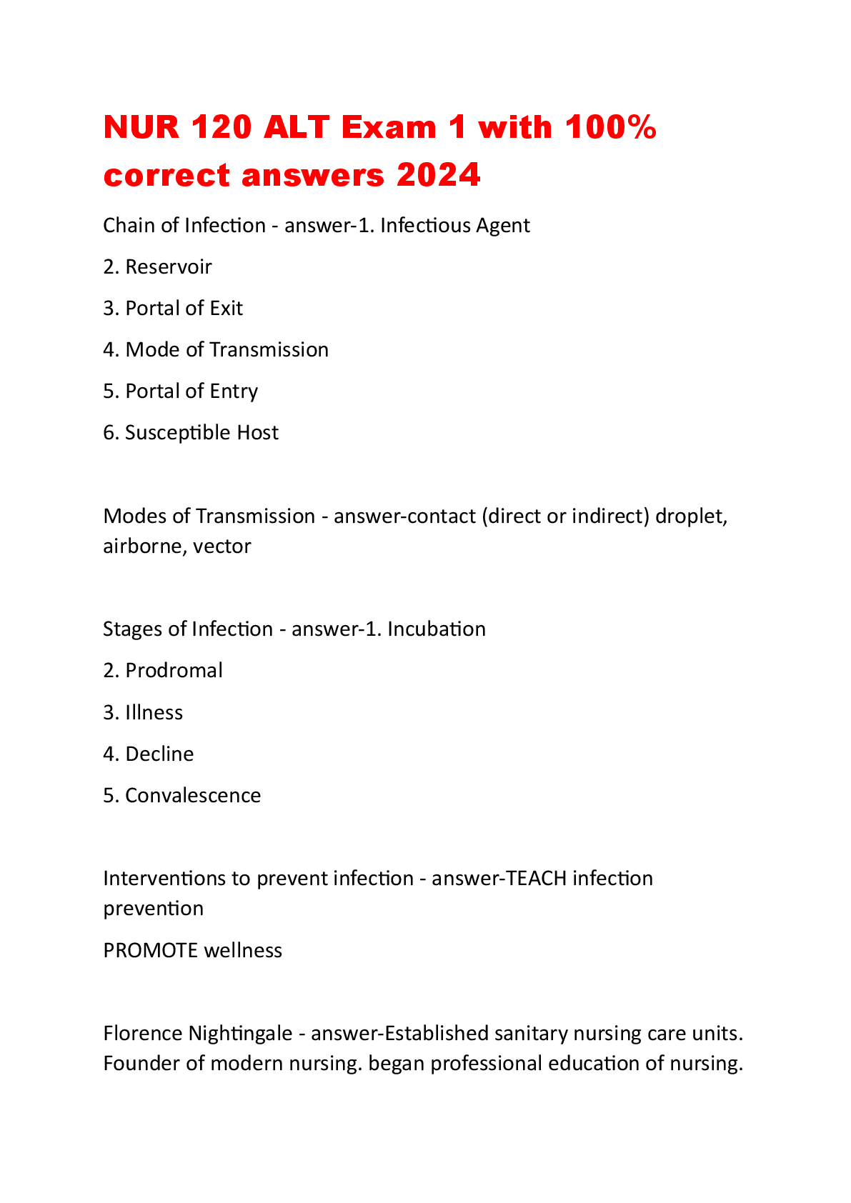 Preview image for NUR 120 ALT Exam 1 with 100%  correct answers 2024