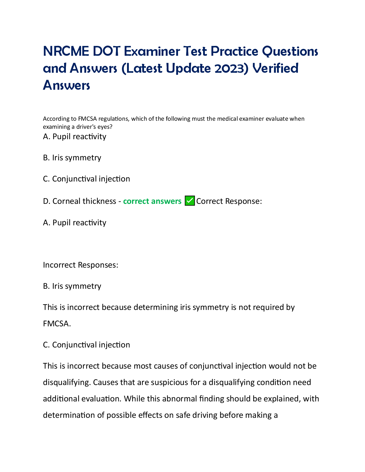 Preview image for NRCME DOT Examiner Test Practice Questions  and Answers (Latest Update 2023) Verified  Answers