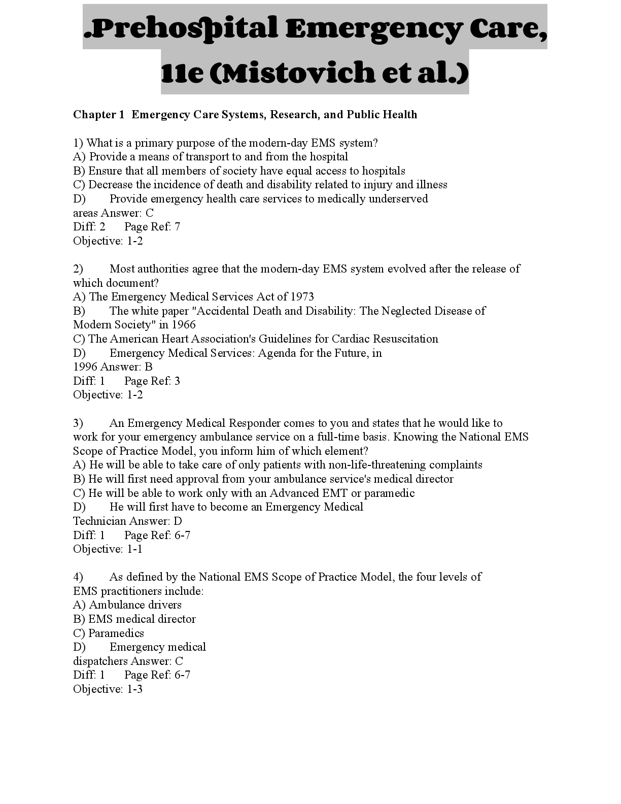 Preview image for Test Bank for Prehospital Emergency Care,11th Edition by Mistovich et al. A+