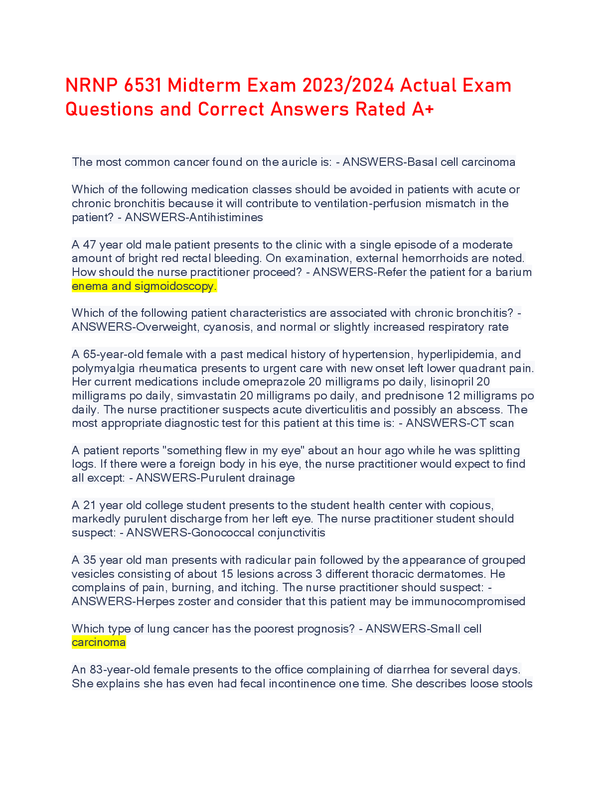 Preview image for NRNP 6531 Midterm Exam 2023/2024 Actual Exam  Questions and Correct Answers Rated A+