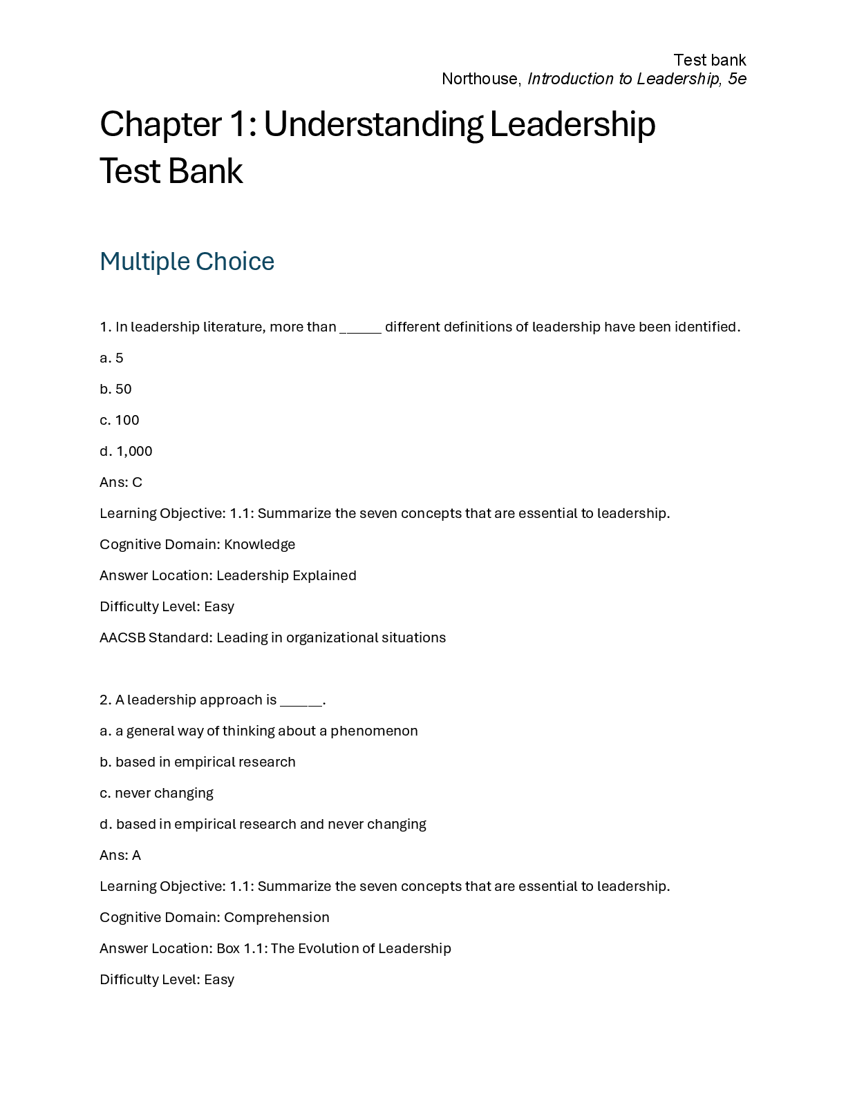 Preview image for Introduction to Leadership Concepts and Practices, 5th Edition. Thousand Oaks, CA Northouse, P. Test Bank