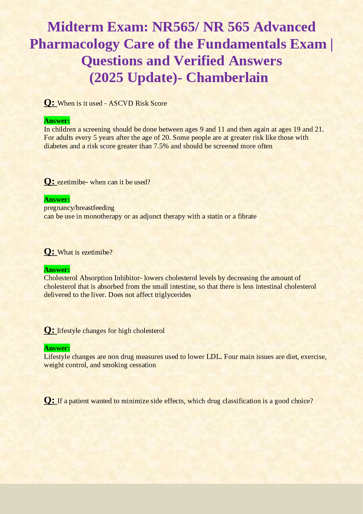 Preview of Midterm Exam: NR565/ NR 565 Advanced  Pharmacology Care of the Fundamentals Exam |  Questions and Verified Answers  (2025 Update)- Chamberlain