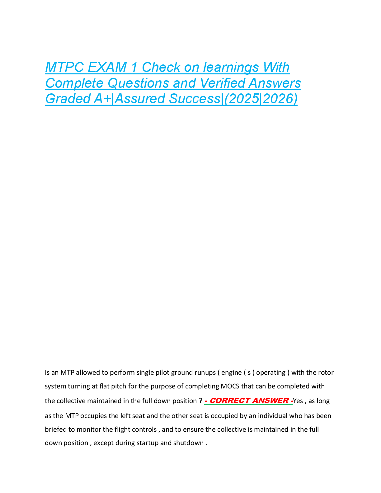 Preview of MTPC EXAM 1 Check on learnings With  Complete Questions and Verified Answers  Graded A+|Assured Success|(2025|2026)
