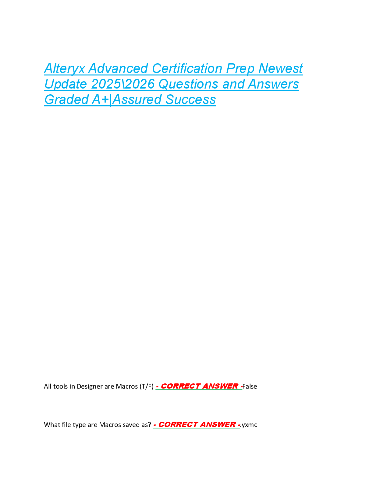 Recommended document preview for Alteryx Advanced Certification Prep Newest  Update 2025\2026 Questions and Answers  Graded A+|Assured Success Alteryx Advanced Certification Prep Newest  Update 2025\2026 Questions and Answers  Graded A+|Assured Success Alteryx Advanced Certification Prep Newest  Update 2025\2026 Questions and Answers  Graded A+|Assured Success