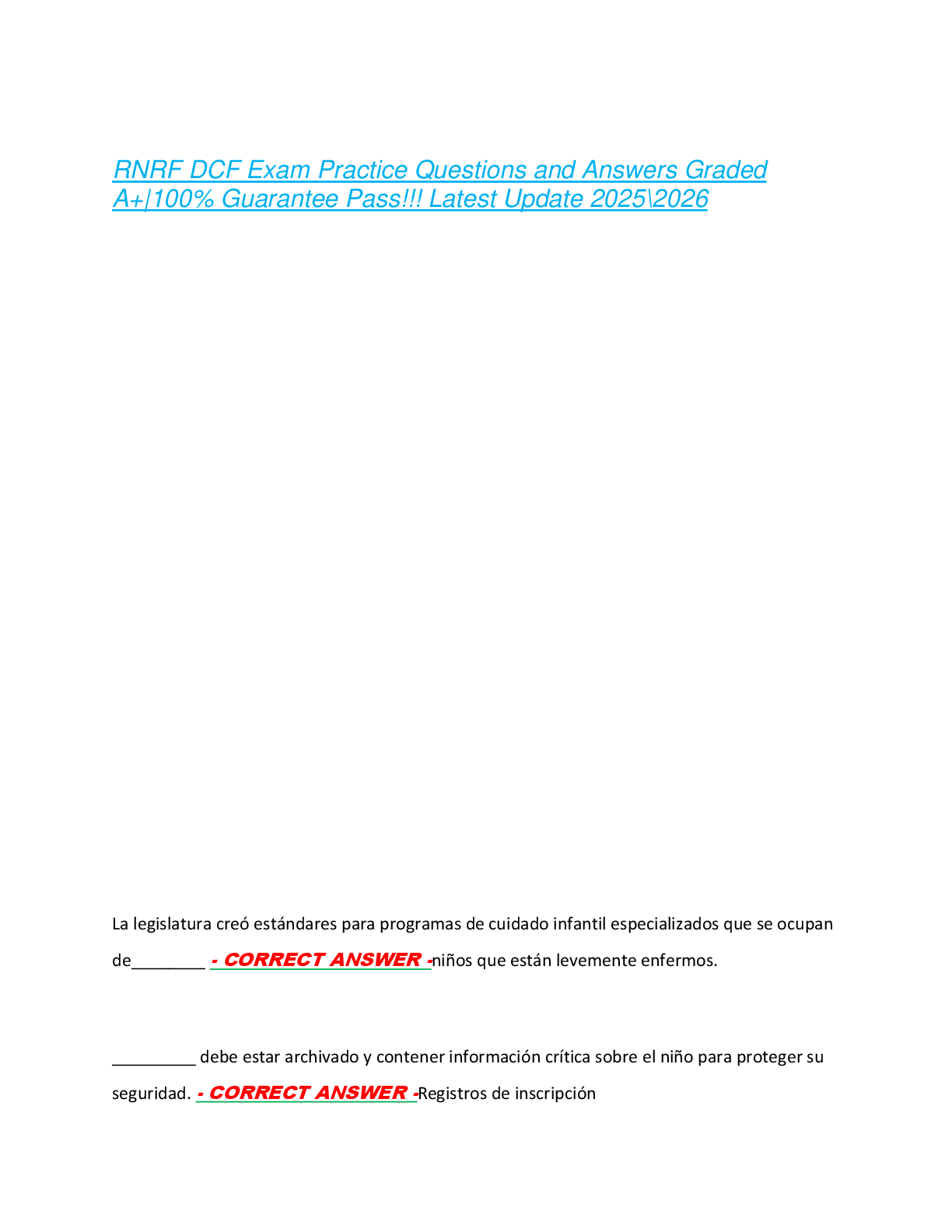 RNRF DCF Exam Practice Questions and Answers Graded  A+|100% Guarantee Pass!!! Latest Update 2025\2026