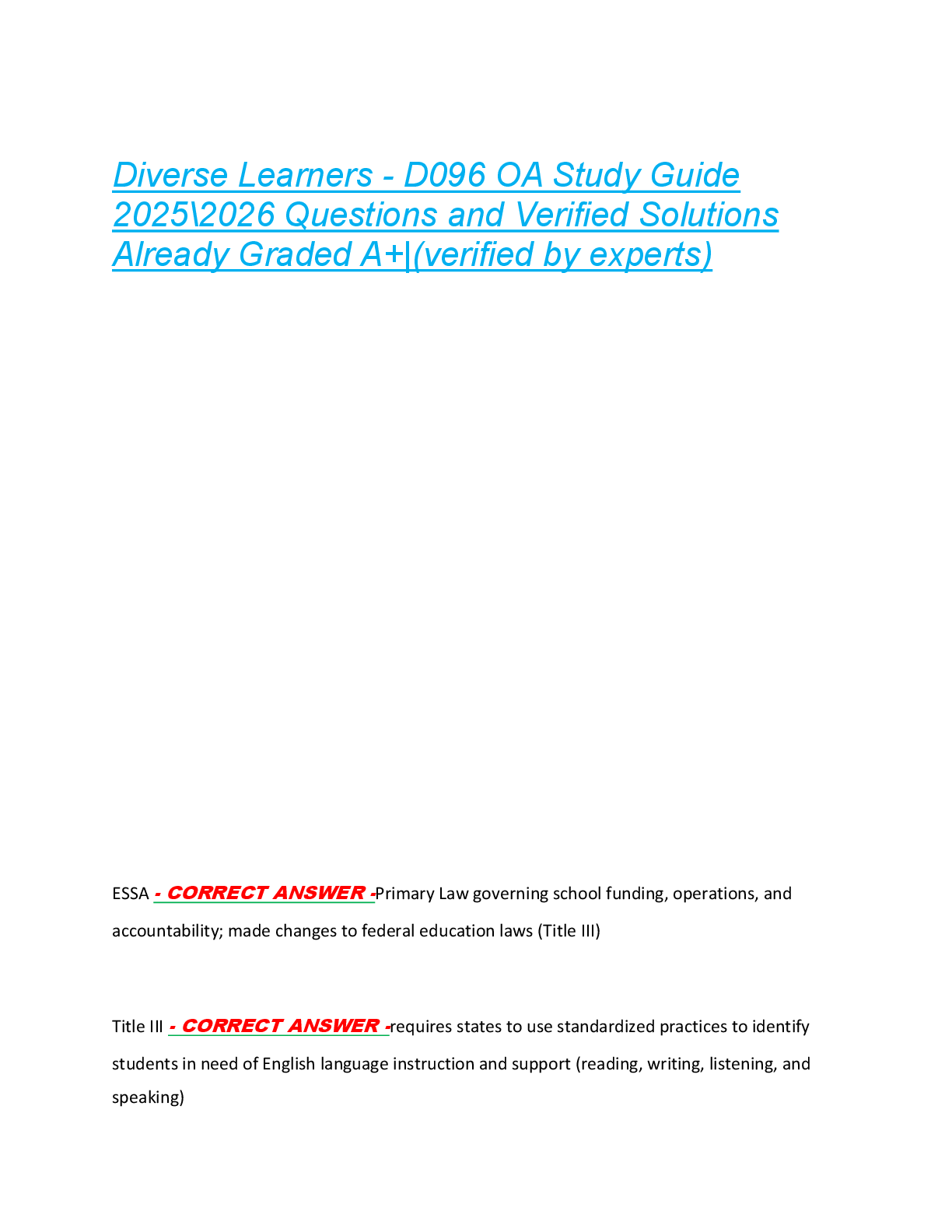 Recommended document preview for Diverse Learners - D096 OA Study Guide  2025\2026 Questions and Verified Solutions  Already Graded A+|(verified by experts) Diverse Learners - D096 OA Study Guide  2025\2026 Questions and Verified Solutions  Already Graded A+|(verified by experts)