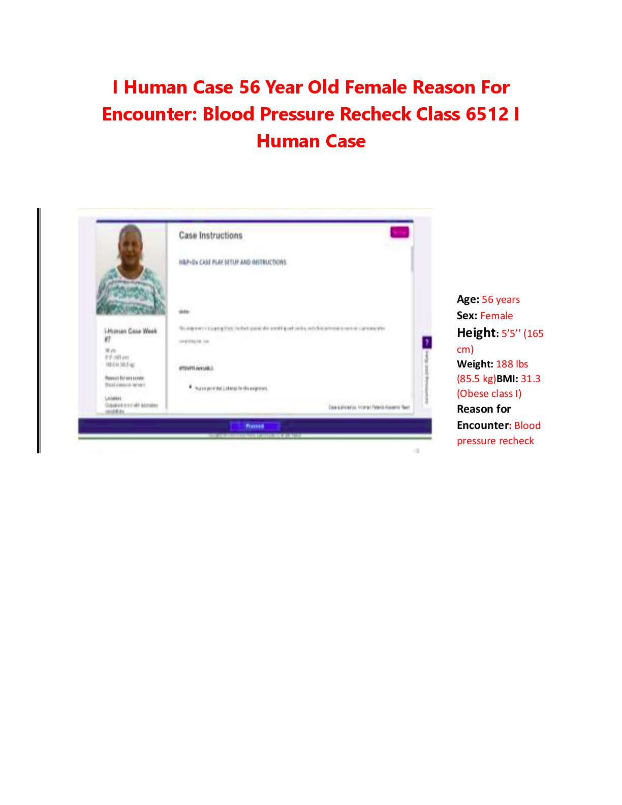 Preview image for i-Human Case Study: 56-Year-Old Female with Hypertension Follow-Up and Blood Pressure Recheck | NRNP 6512 Week 4 Clinical Reasoning