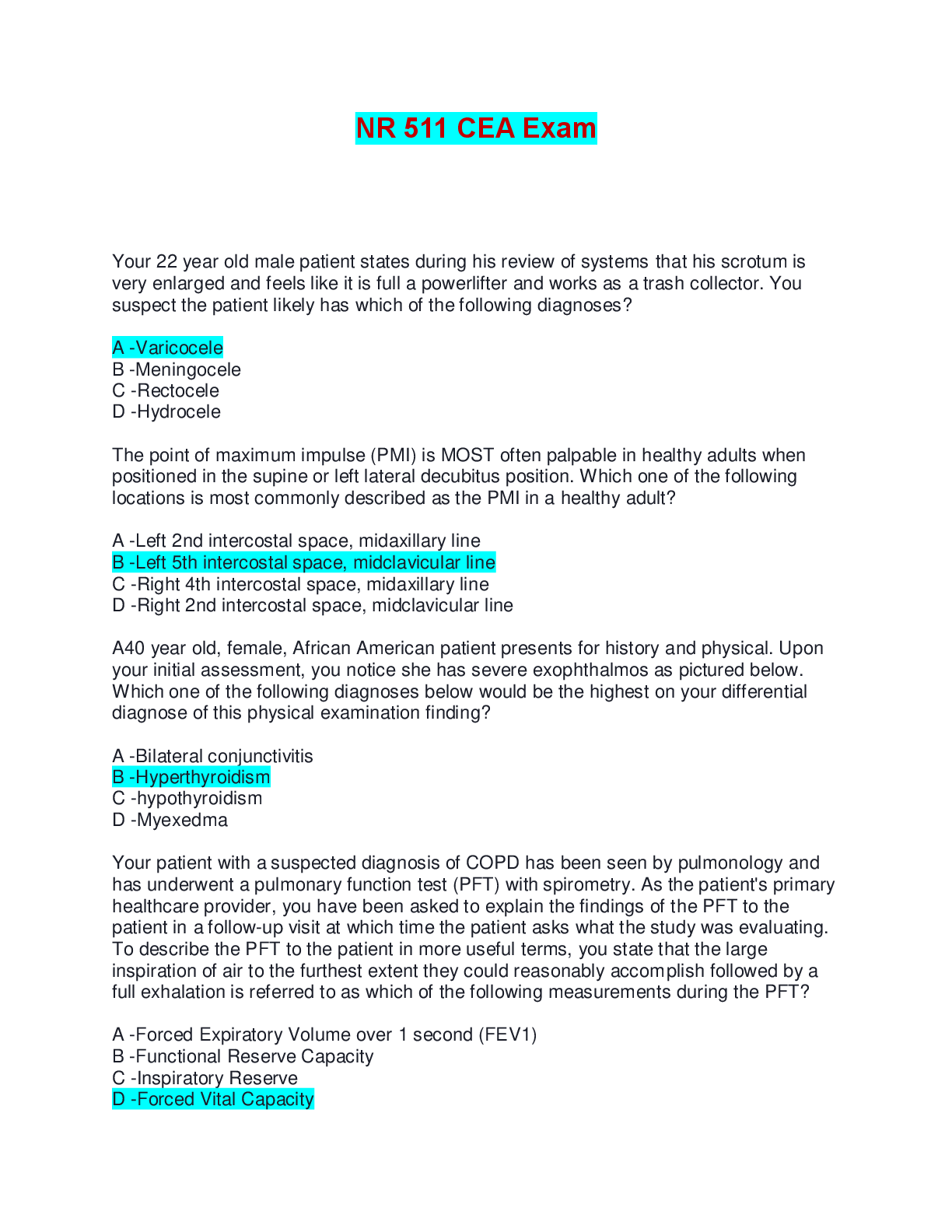 Preview image for NR 511 CEA Exam | Questions and Answers (Complete Solutions)
