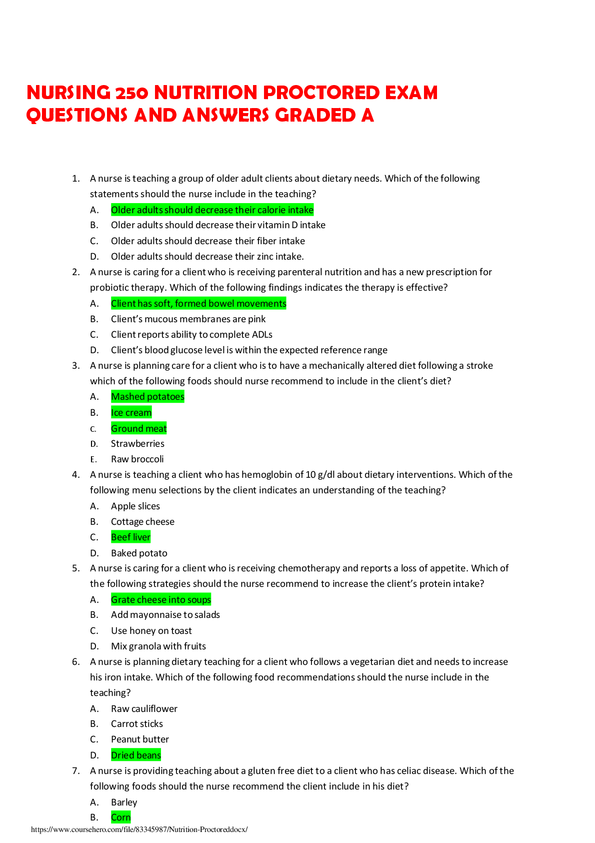 Preview image for NURSING 250 NUTRITION PROCTORED EXAM  QUESTIONS AND ANSWERS GRADED A