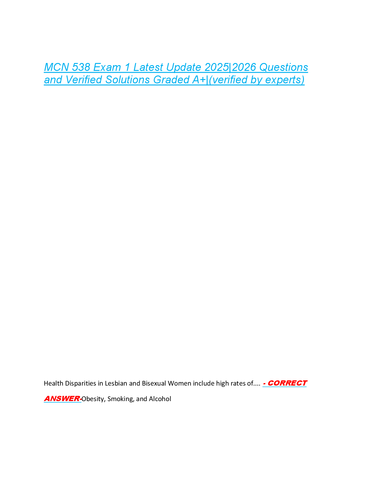 MCN 538 Exam 1 Latest Update 2025|2026 Questions  and Verified Solutions Graded A+|(verified by experts)