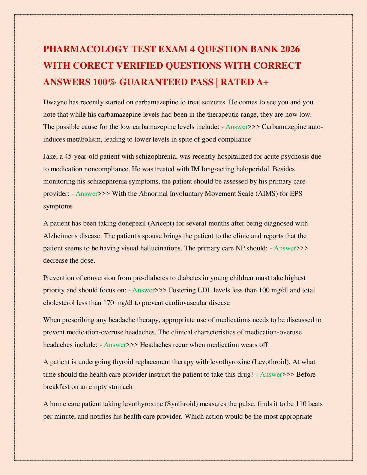 PHARMACOLOGY TEST EXAM 4 QUESTION BANK 2026 WITH CORECT VERIFIED QUESTIONS WITH CORRECT ANSWERS 100% GUARANTEED PASS | RATED A+