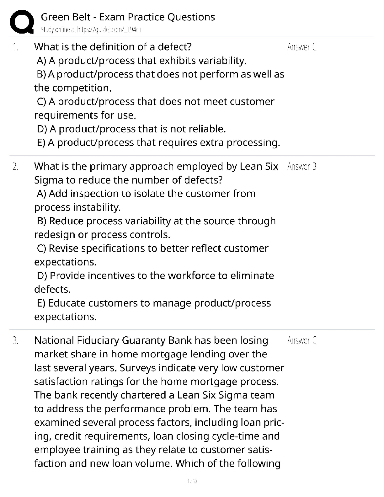 Preview of Green Belt Exam Practice Questions Test Bank / Six Sigma Certification / 2025 Update / Sco