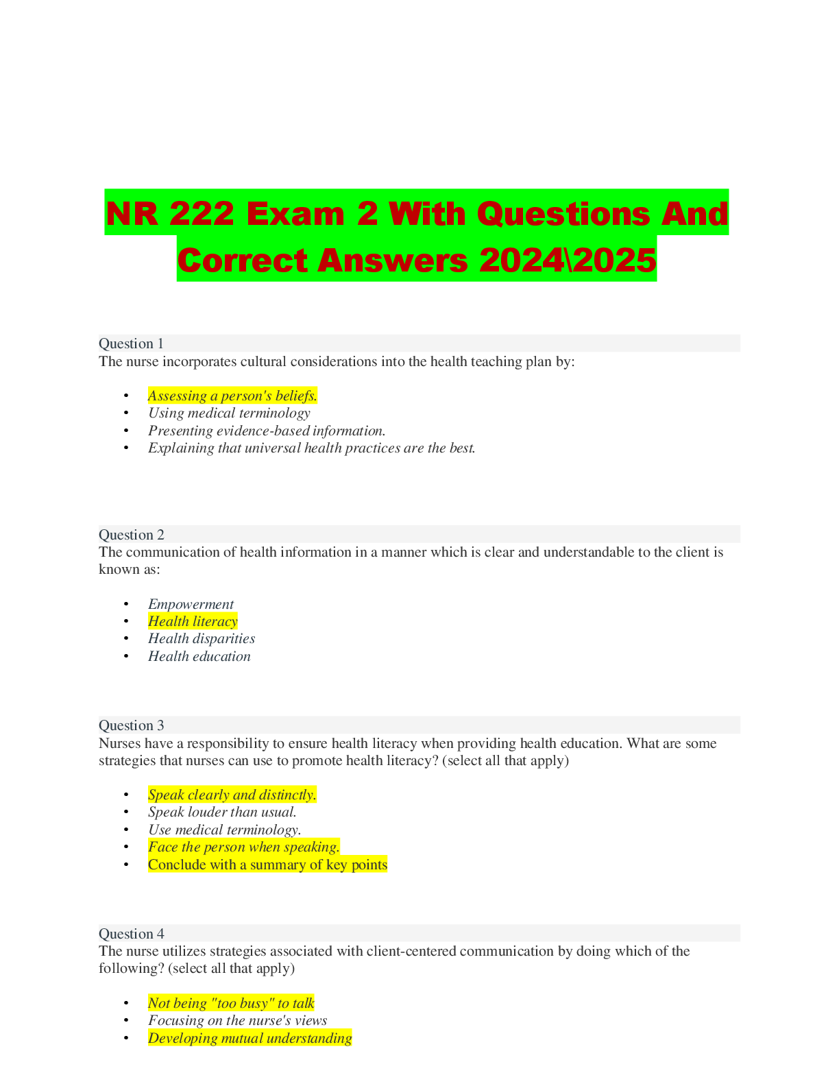 Preview image for NR 222 Exam 2 With Questions And  Correct Answers 2024\2025