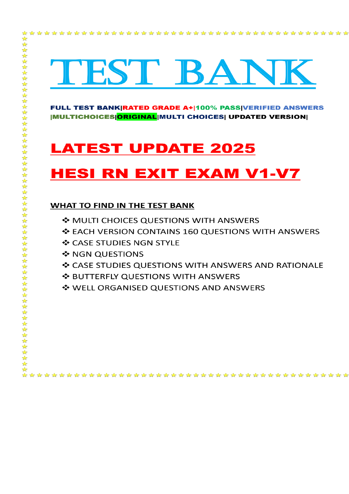 Preview image for TEST BANK FOR 2025 HESI RN Exit Exam (V1 - V7) Actual QUESTIONS & ANSWERS |Approved Pass Exam | 100% Verified | latest updated version ( 2025/2026)