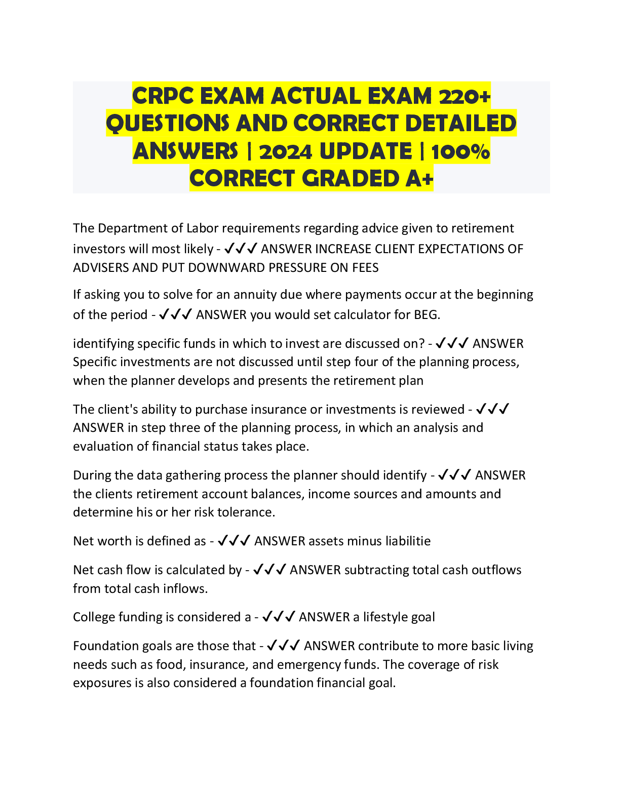 Preview image for CRPC EXAM ACTUAL EXAM 220+  QUESTIONS AND CORRECT DETAILED  ANSWERS | 2024 UPDATE | 100%  CORRECT GRADED A+
