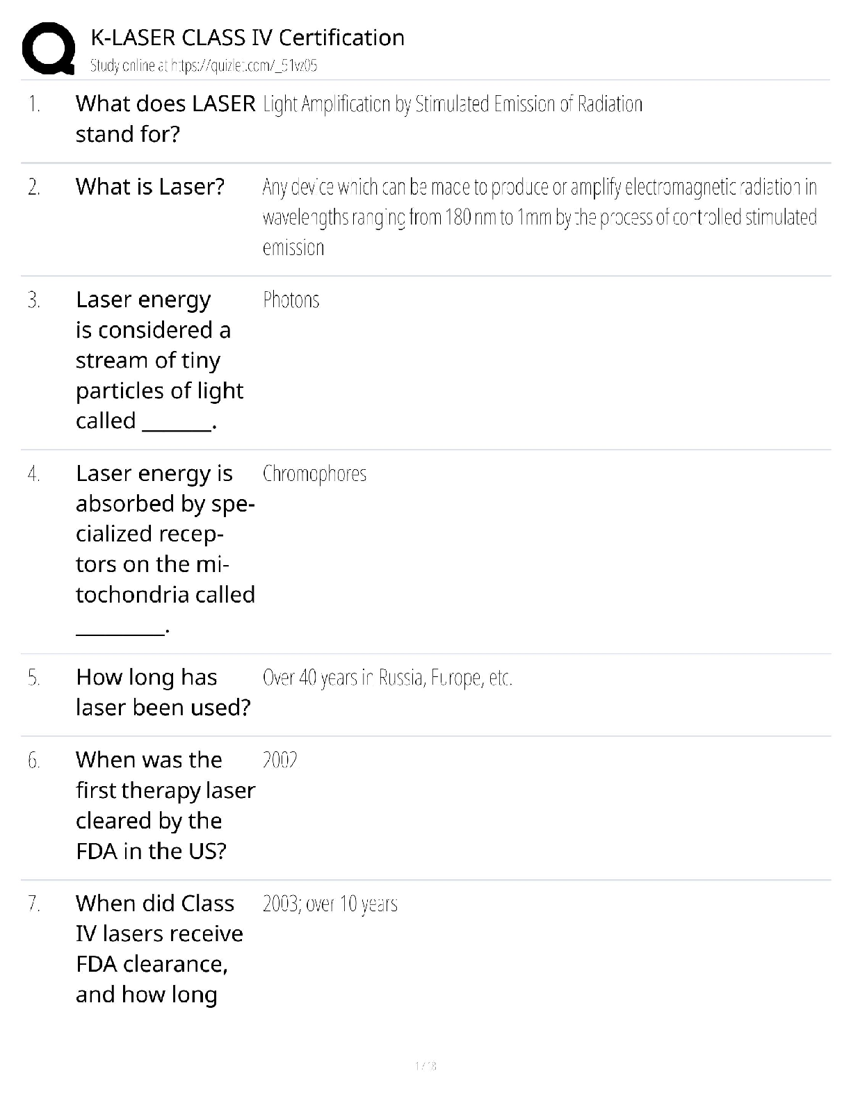 Preview of K-LASER CLASS IV Certification Test Bank / Laser Therapy Training / 2025 Update / Score 10