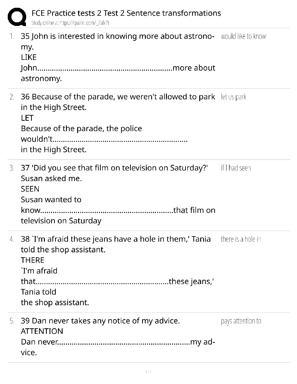 FCE Practice Test 2 Sentence Transformations / Cambridge B2 First / 2025 Update / Score 100%