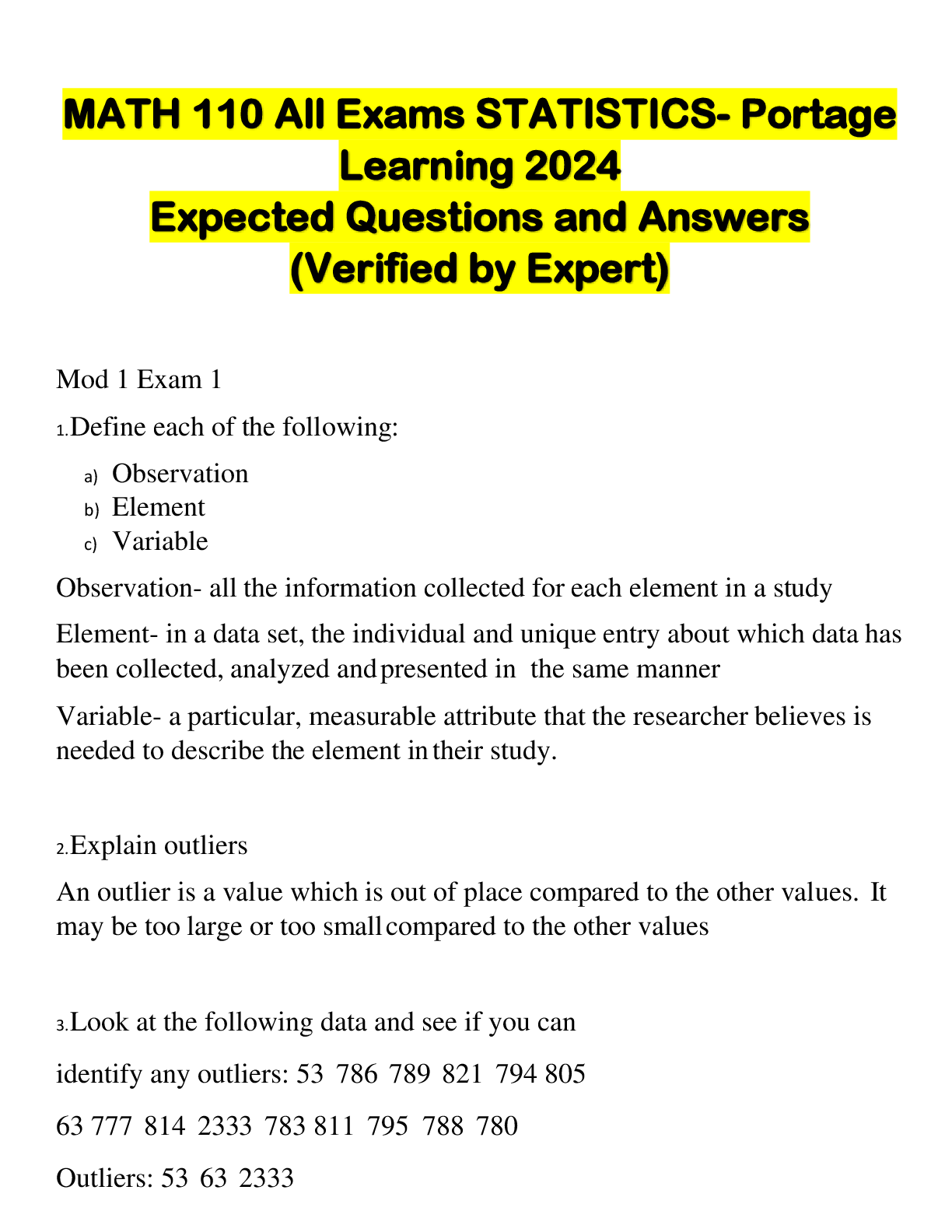 Preview image for MATH 110 All Exams STATISTICS- Portage  Learning 2024   Expected Questions and Answers
