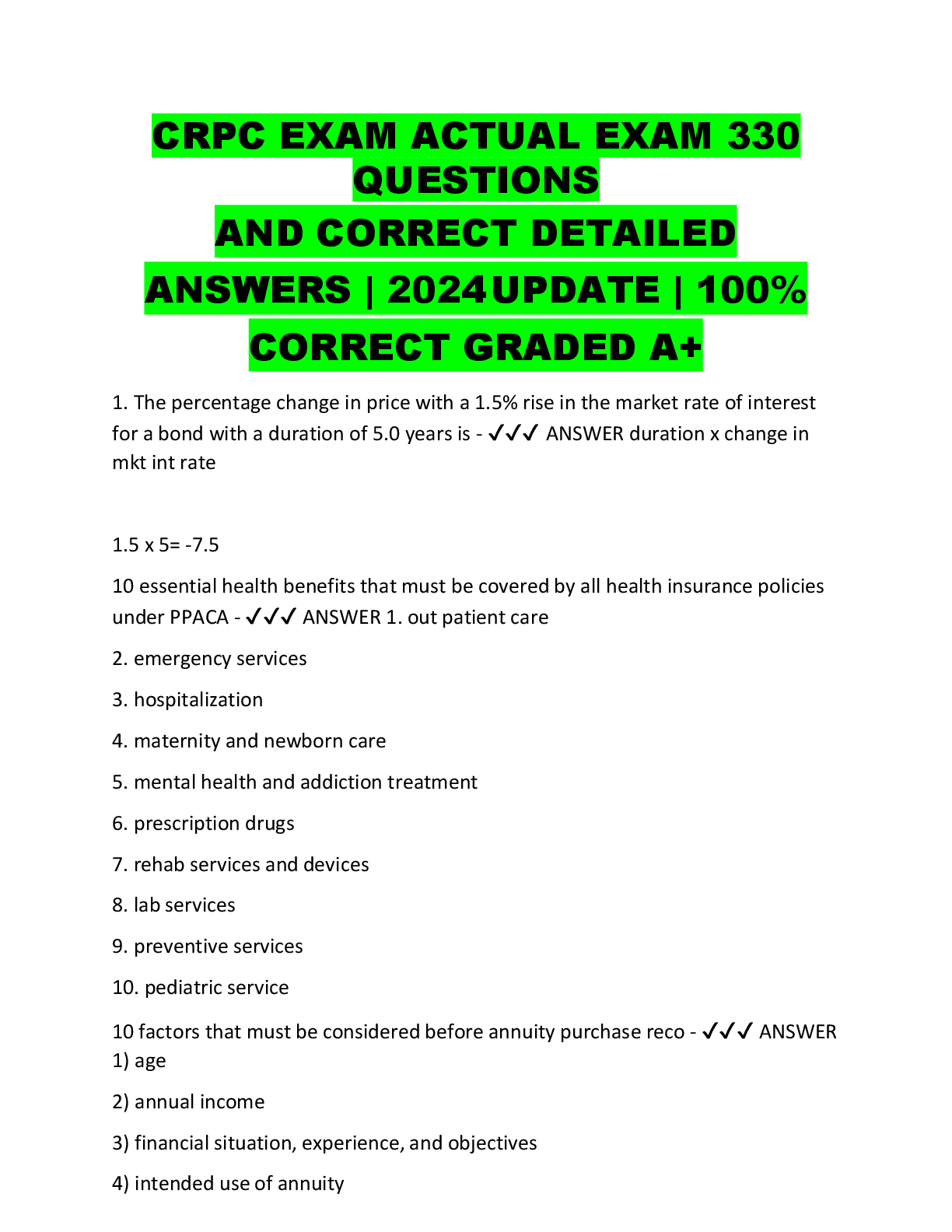 Preview image for CRPC EXAM ACTUAL EXAM 330  QUESTIONS  AND CORRECT DETAILED  ANSWERS | 2024 UPDATE | 100%  CORRECT GRADED A+