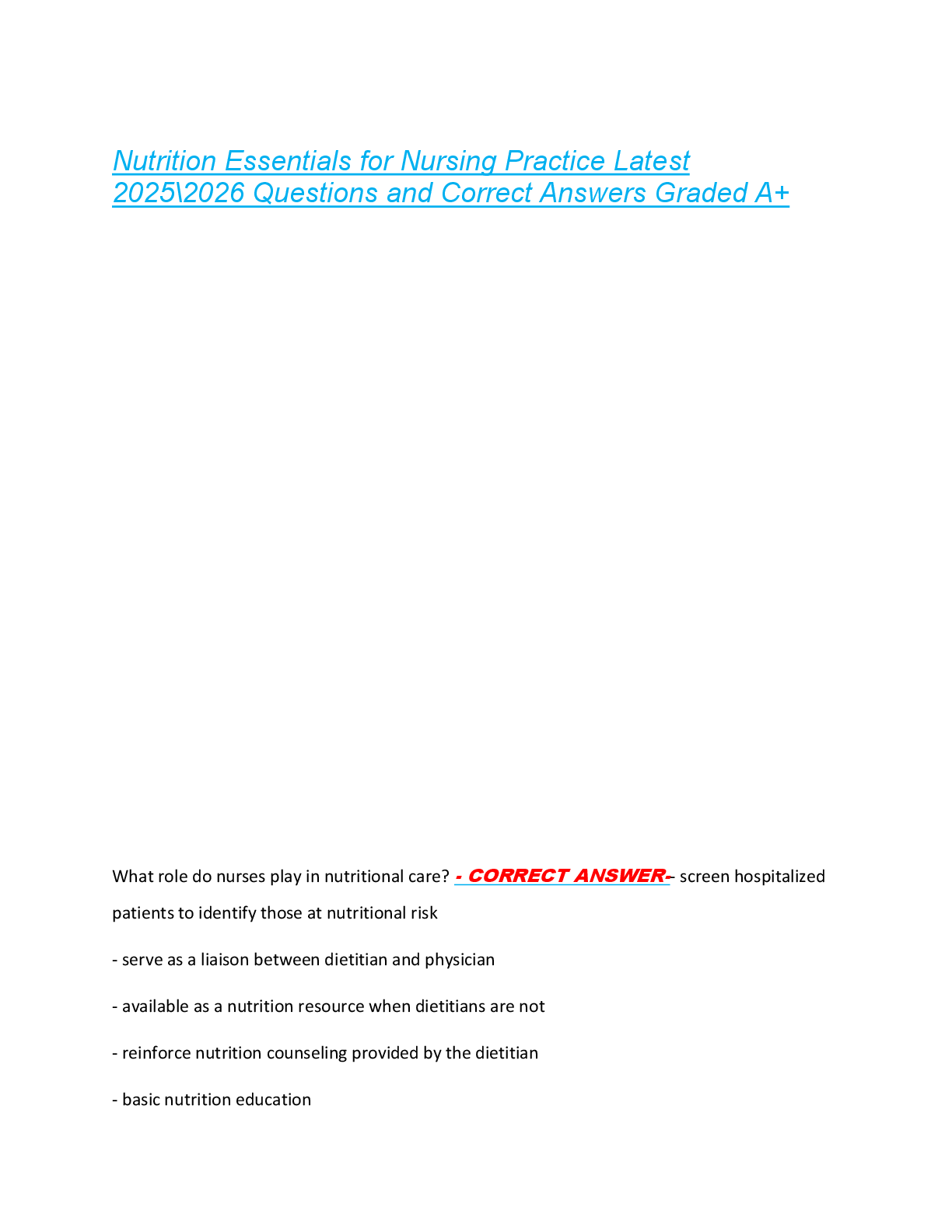 Nutrition Essentials for Nursing Practice Latest  2025\2026 Questions and Correct Answers Graded A+