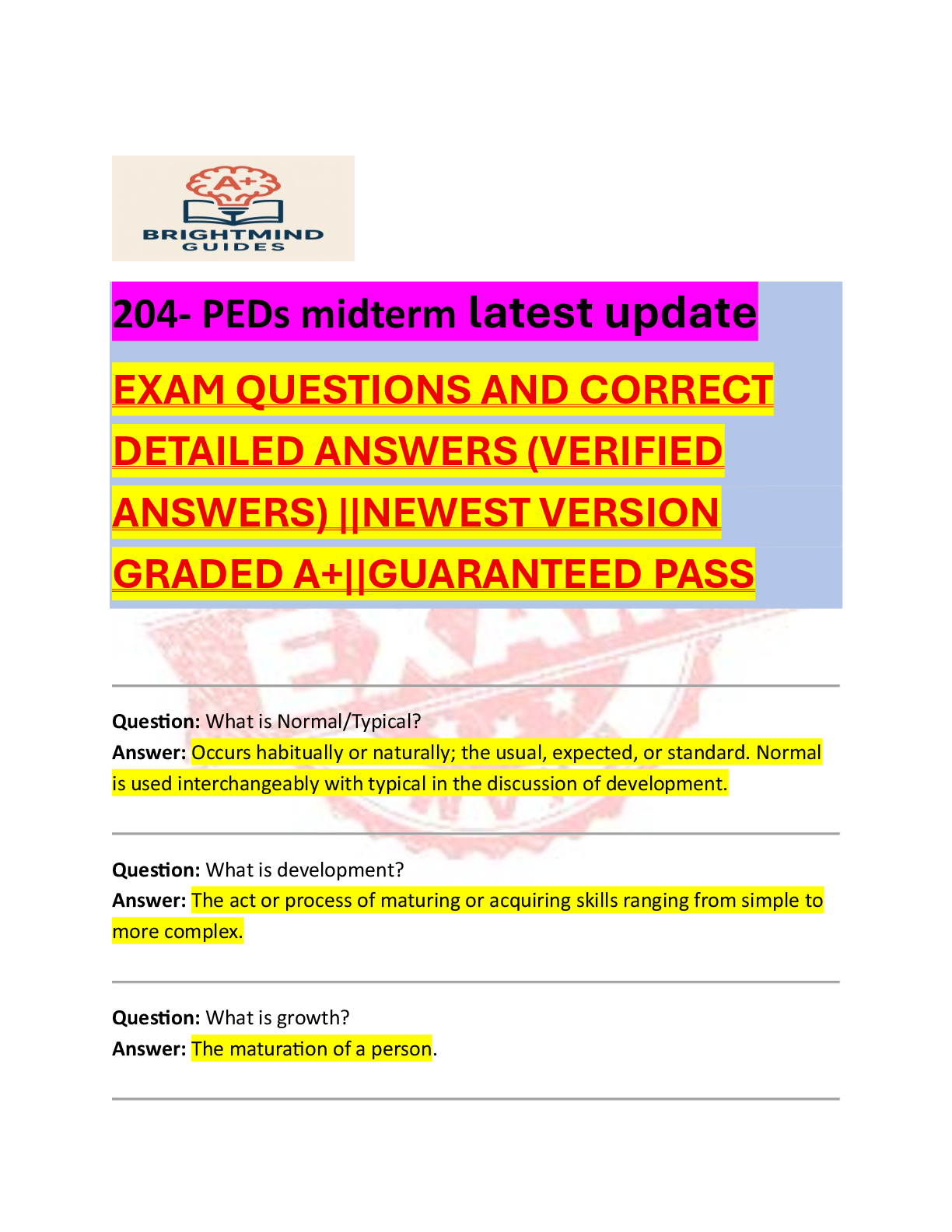 Preview image for 204 – Pediatrics Midterm Exam | Complete Verified Questions & Correct Answers