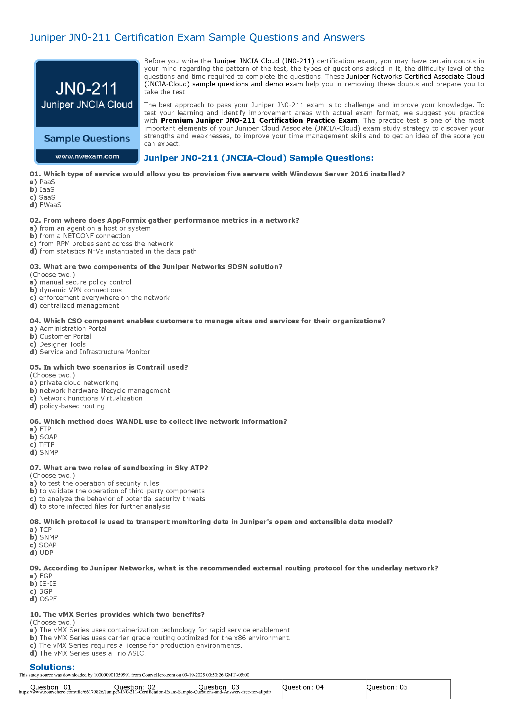 Juniper JN0-211 Certification Exam Sample Questions and Answers