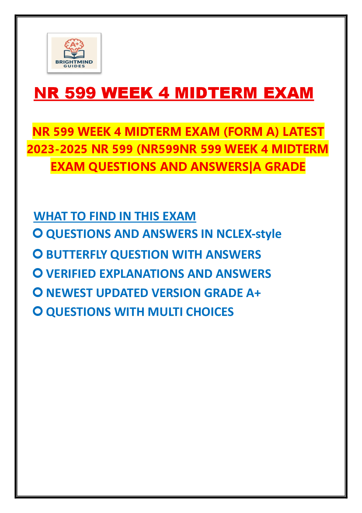 Preview image for NR 599 WEEK 4 Midterm Exam: NCLEX-Style Questions and Answers, Exams of Nursing