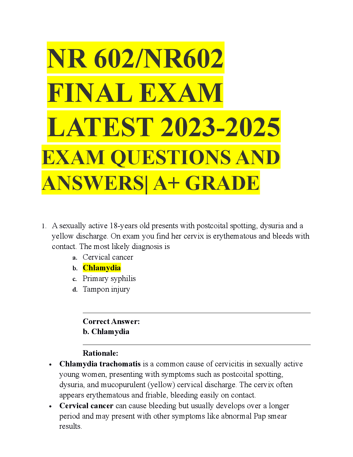 Preview image for TEST BANK FOR NR 602/NR602 FINAL EXAM LATEST EXAM QUESTIONS AND ANSWERS| A+ GRADE, Exams of Pediatrics