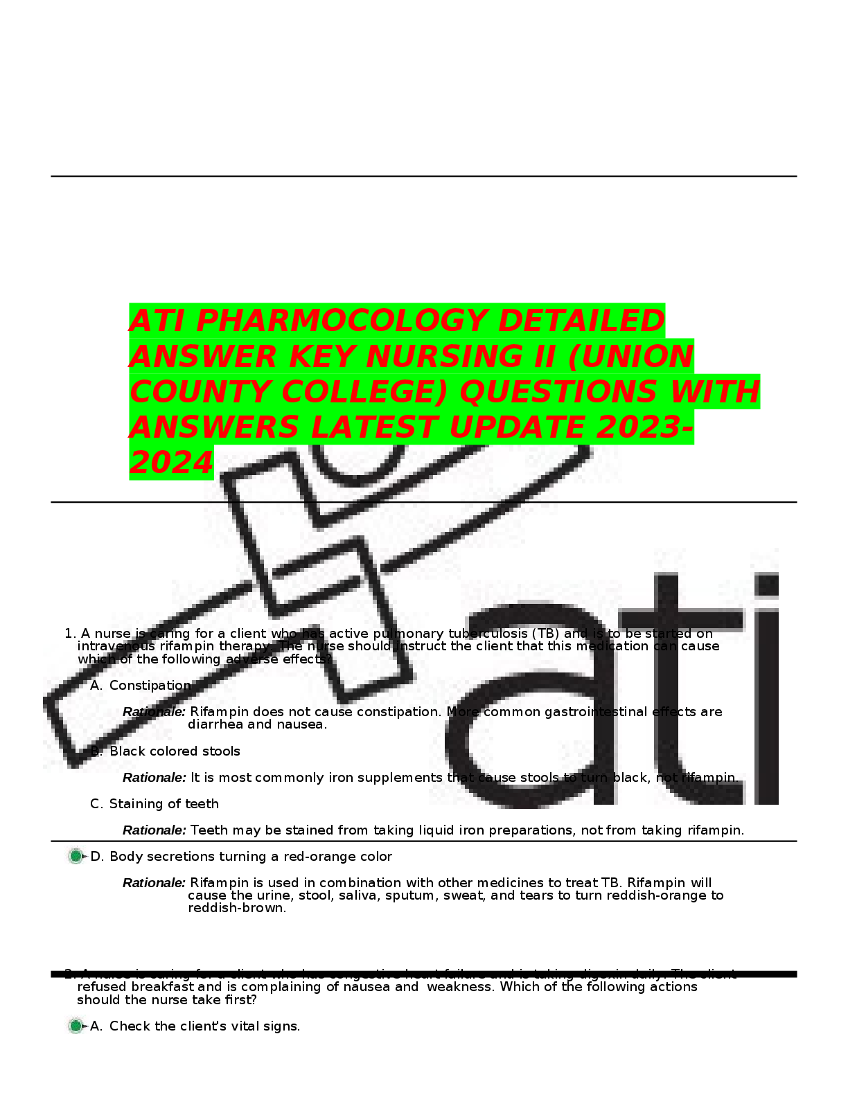 Preview of ATI PHARMOCOLOGY DETAILED  ANSWER KEY NURSING II (UNION  COUNTY COLLEGE) QUESTIONS WITH  ANSWERS LATEST UPDATE 2023 2024