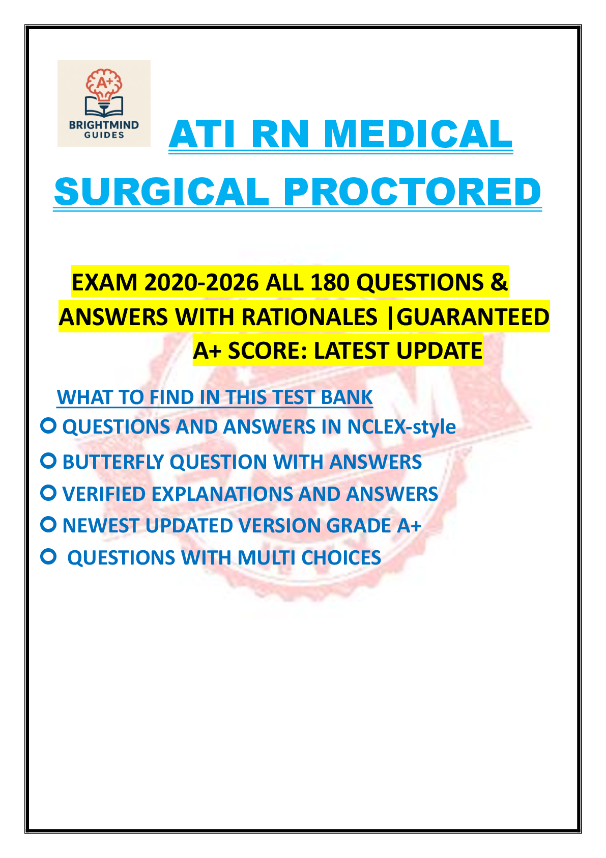 Preview image for ATI RN MEDICAL SURGICAL PROCTORED EXAM ALL 180 QUESTIONS & ANSWERS WITH RATIONALES |, Exams of Nursing
