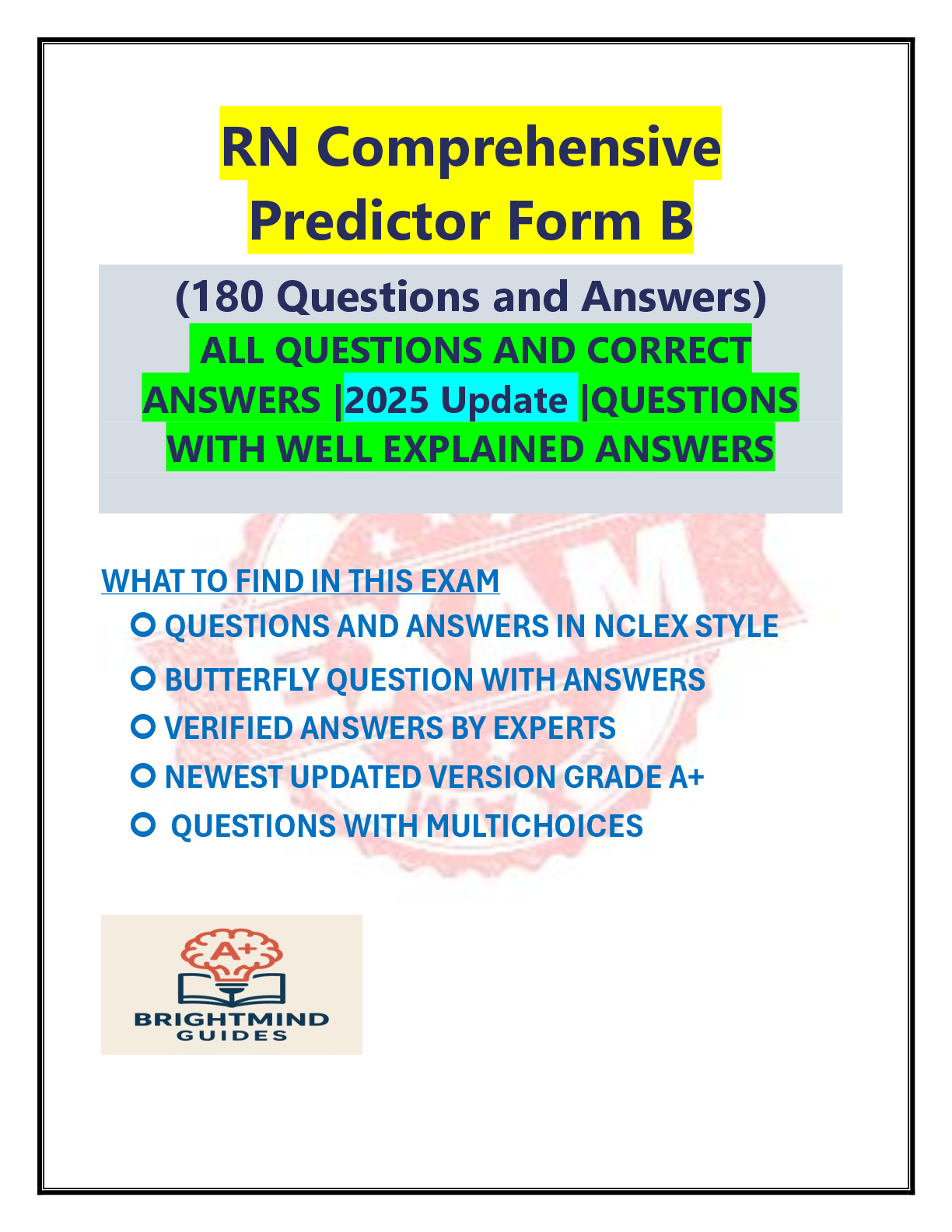 Preview image for RN Comprehensive Predictor Form B (180 Questions and Answers) ALL QUESTIONS AND CORRECT AN, Exams of Nursing