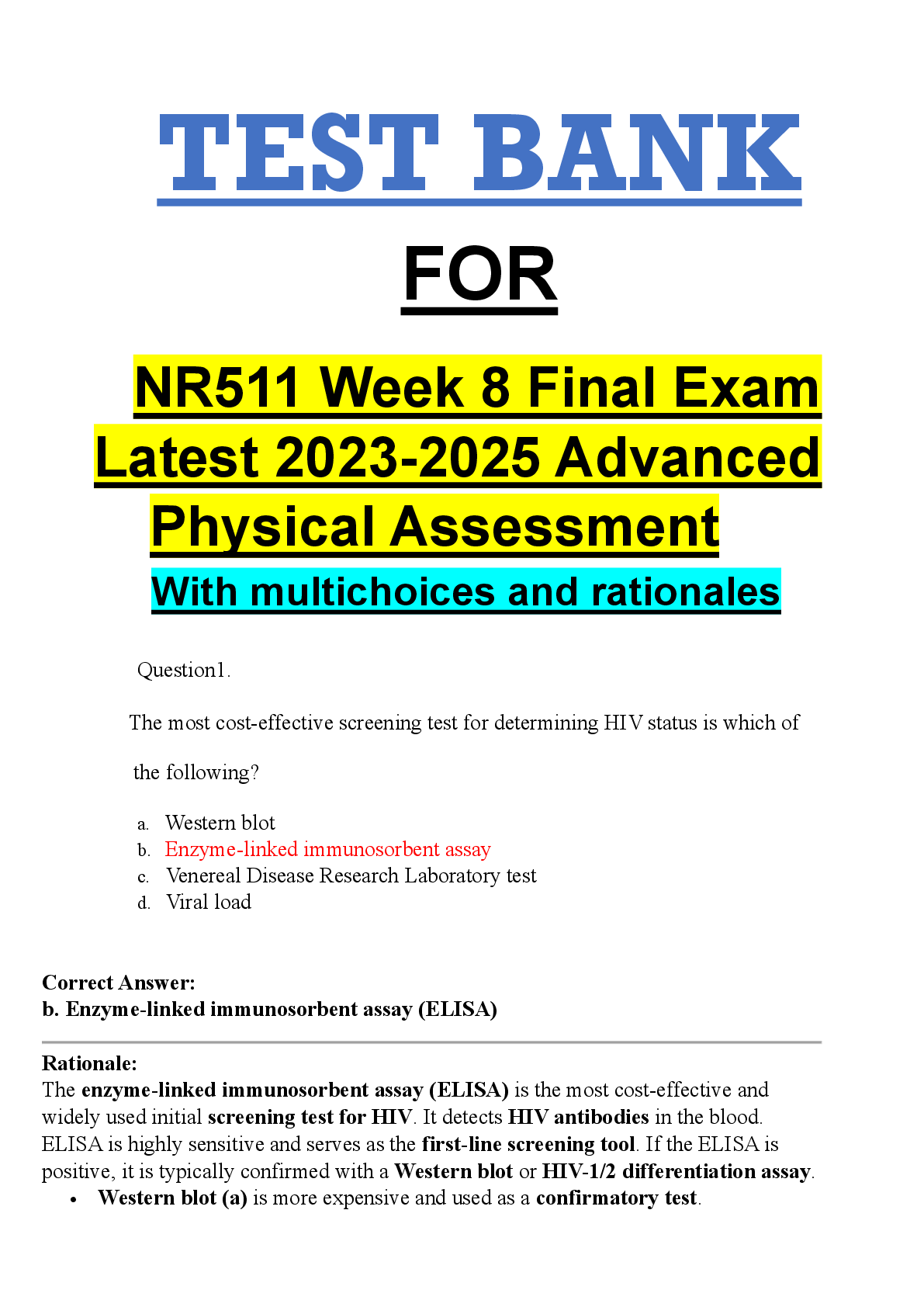 Preview image for TEST BANK FOR NR511 Week 8 Final Exam Latest Advanced Physical Assessment With multichoice, Exams of Nursing