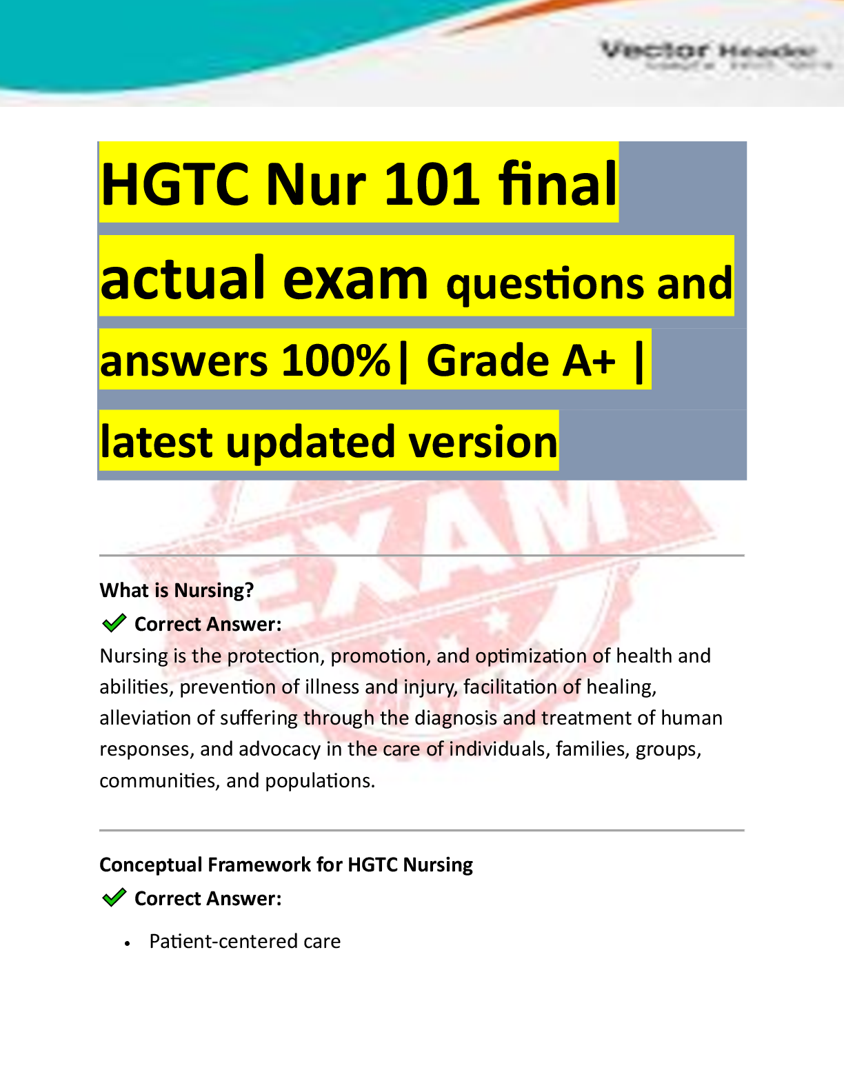 Preview image for HGTC Nur 101 final actual exam questions and answers 100%| Grade A+ | latest updated ver, Exams of Public Health