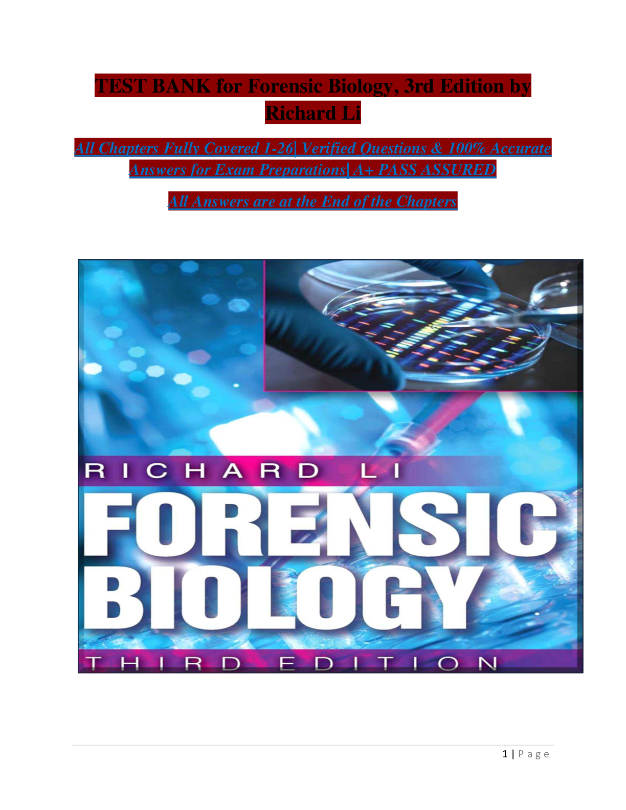 TEST BANK for Forensic Biology , 3rd Edition by Richard Li All Chapters Fully Covered 1 -26