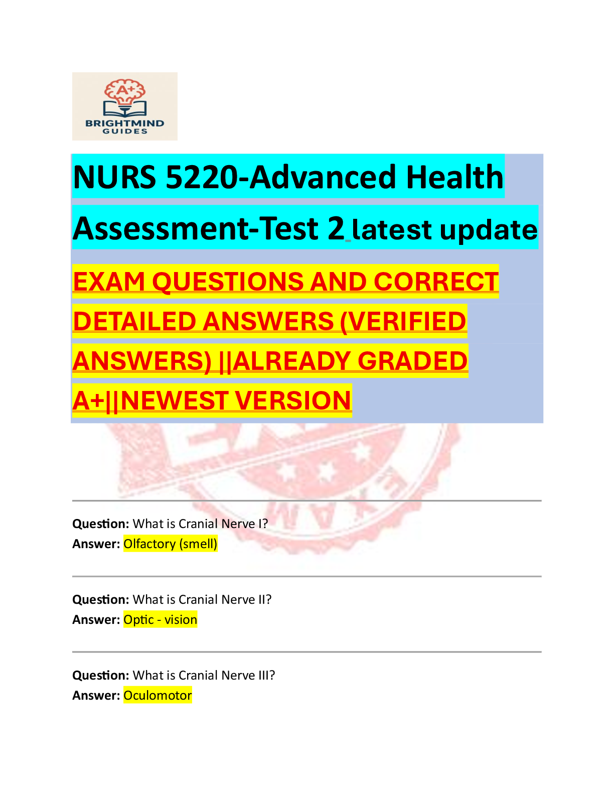 Preview image for NURS 5220 – Advanced Health Assessment Test 2 | Latest Updated Exam Questions & Verified Answers (2025 Edition)