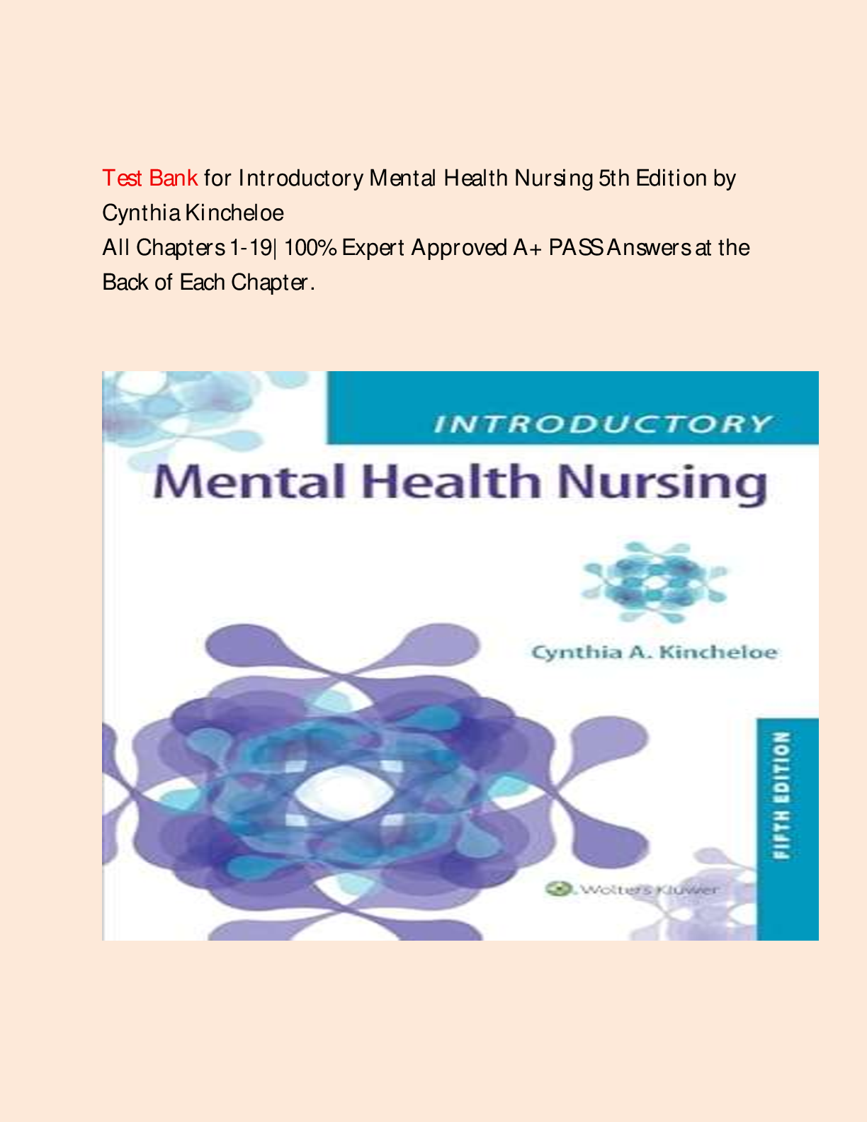 Preview image for Test Bank - Introductory Mental Health Nursing, 5th Edition (Kincheloe, 2024), Chapter 1-19 | All Chapters
