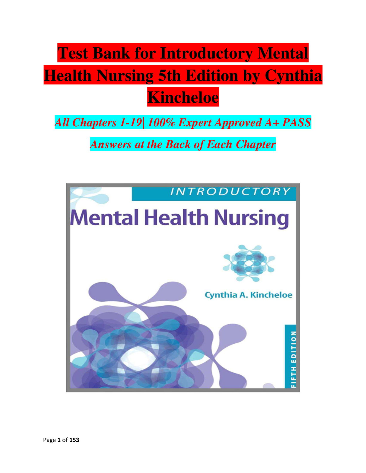 Test Bank for Introductory Mental Health Nursing 5th Edition by Cynthia Kincheloe All Chapters 1 -19