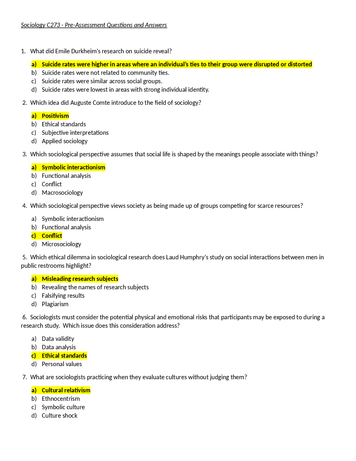 Recommended document preview for Sociology C273 - Pre-Assessment Questions and Answer