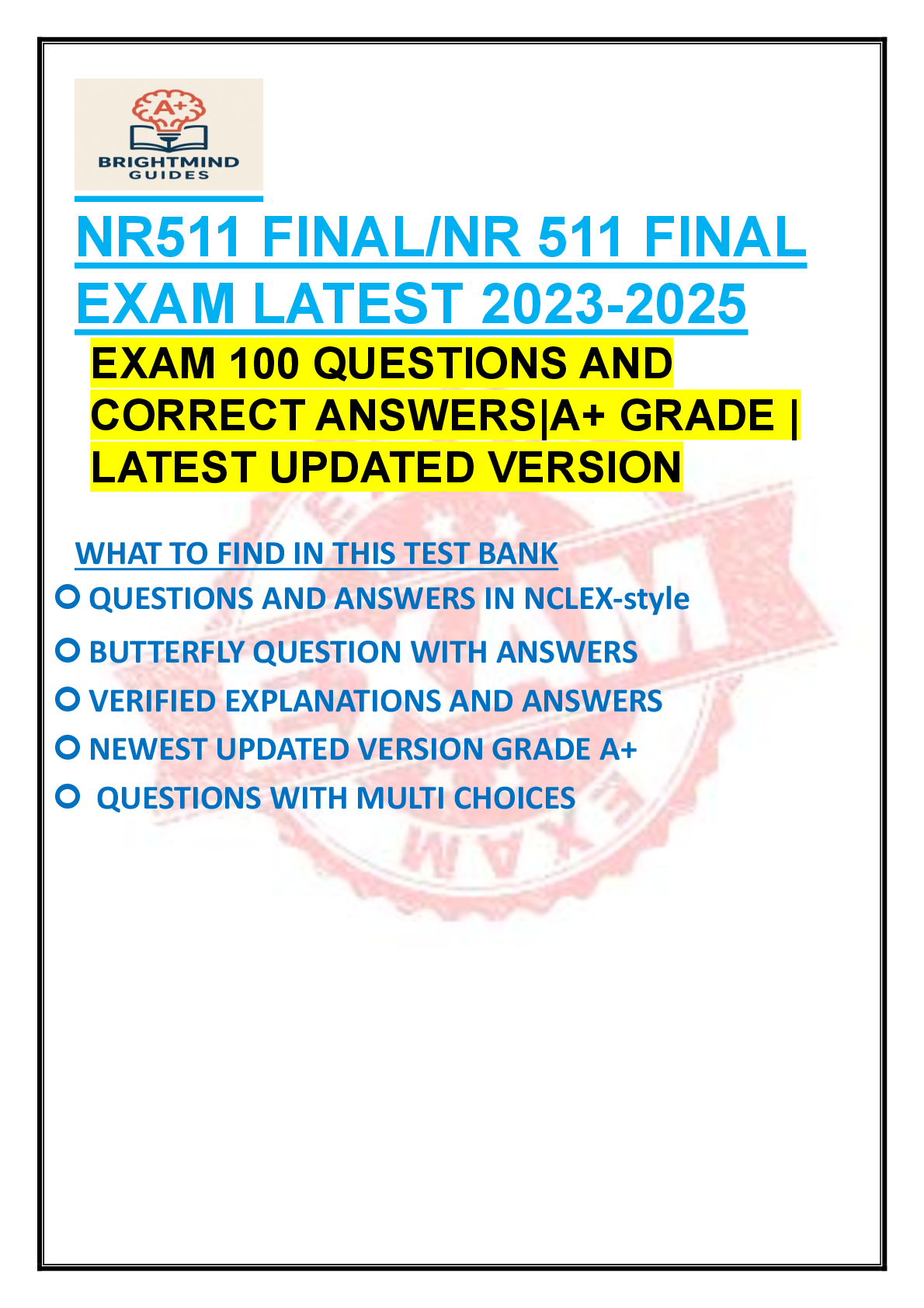 Preview image for NR511 FINAL/NR 511 FINAL EXAM LATEST EXAM 100 QUESTIONS AND CORRECT ANSWERS|A+ GRADE | LAT, Exams of Nursing
