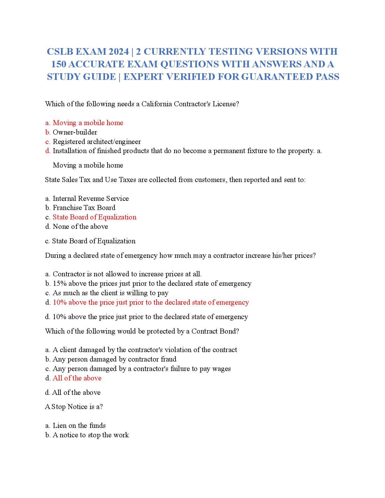 Preview image for CSLB EXAM 2024 , 2 CURRENTLY TESTING VERSIONS WITH 150 ACCURATE EXAM QUESTIONS WITH ANSWERS STUDY GUIDE