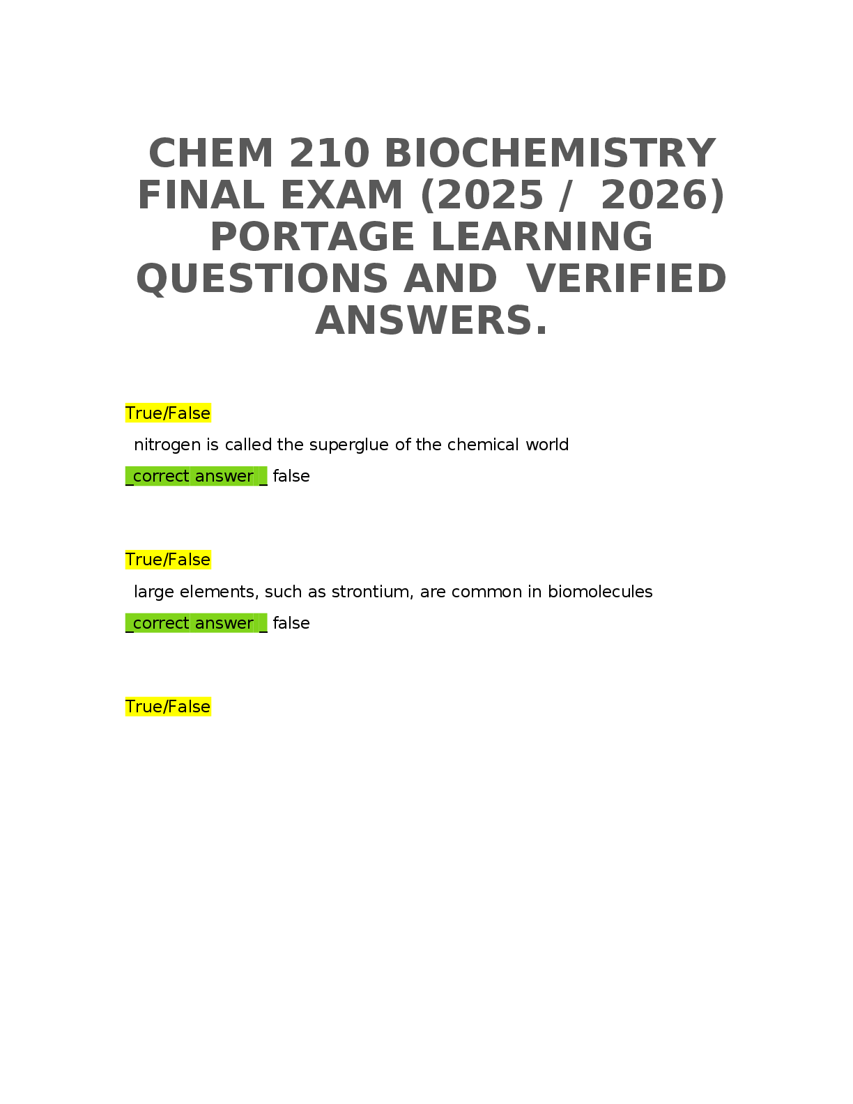 Preview of CHEM 210 BIOCHEMISTRY  FINAL EXAM (2025 /  2026)  PORTAGE LEARNING  QUESTIONS AND  VERIFIE