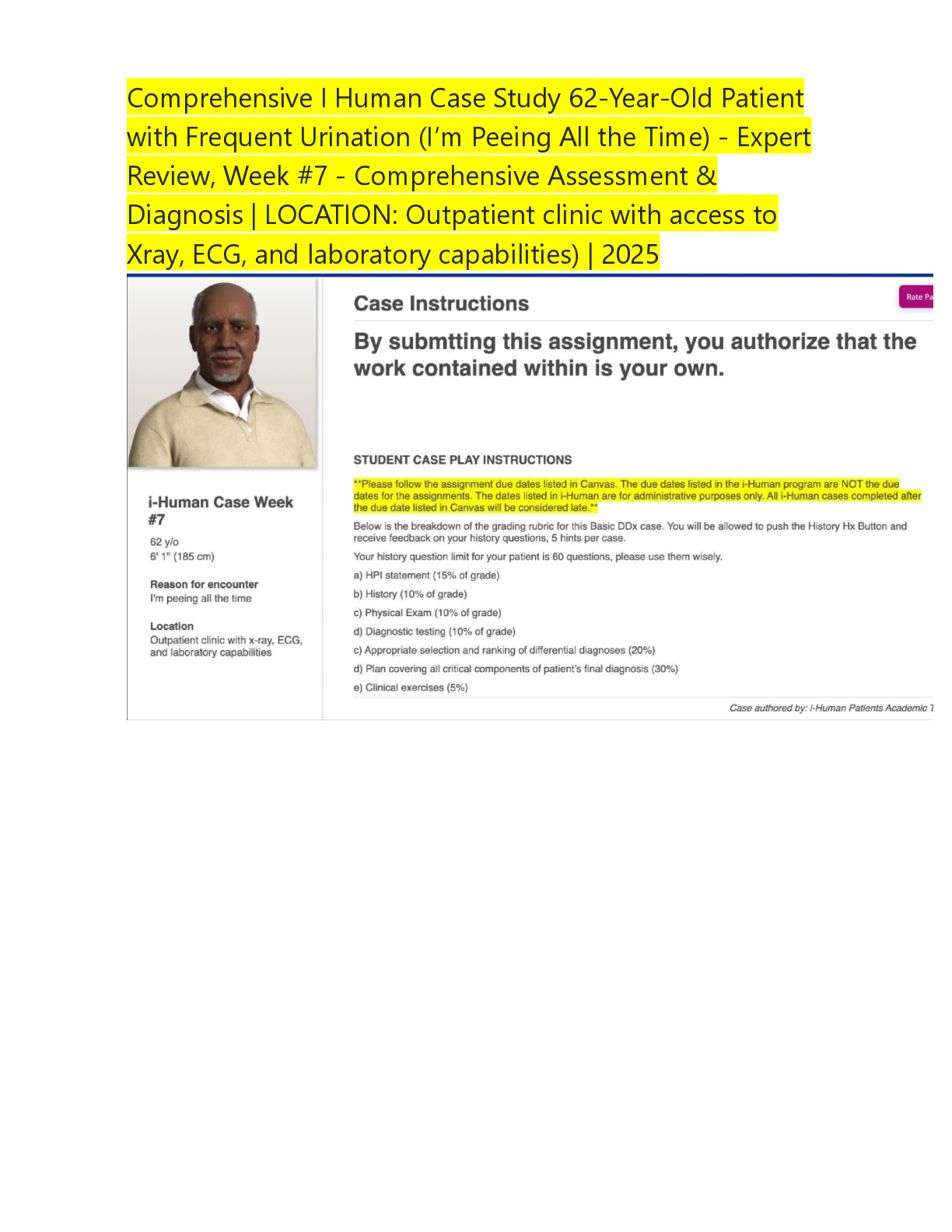 Preview image for Comprehensive I Human Case Study 62-Year-Old Patient with Frequent Urination (I’m Peeing All the Time)Review, Week #7 - Comprehensive Assessment & Diagnosis