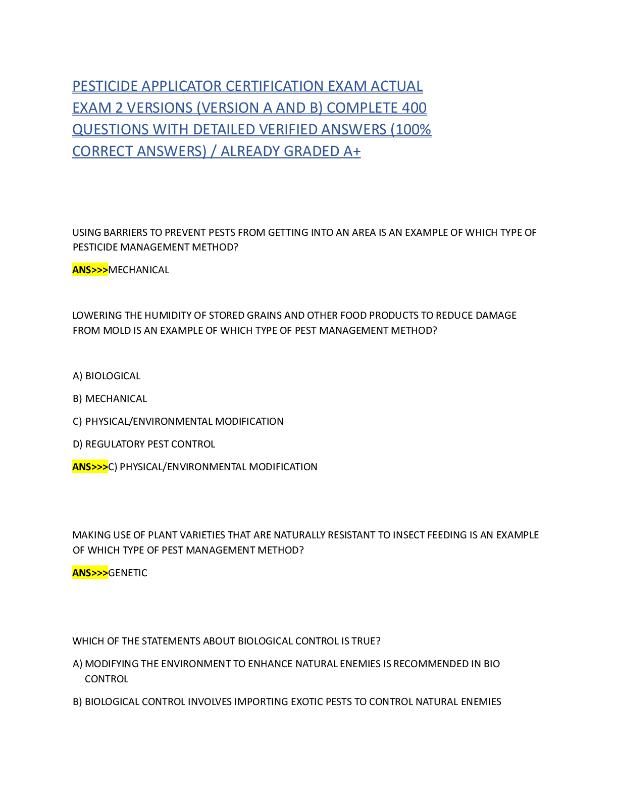 Preview image for PESTICIDE APPLICATOR CERTIFICATION EXAM ACTUAL EXAM 2 VERSIONS (VERSION A AND B)QUESTIONS AND ANSWERS